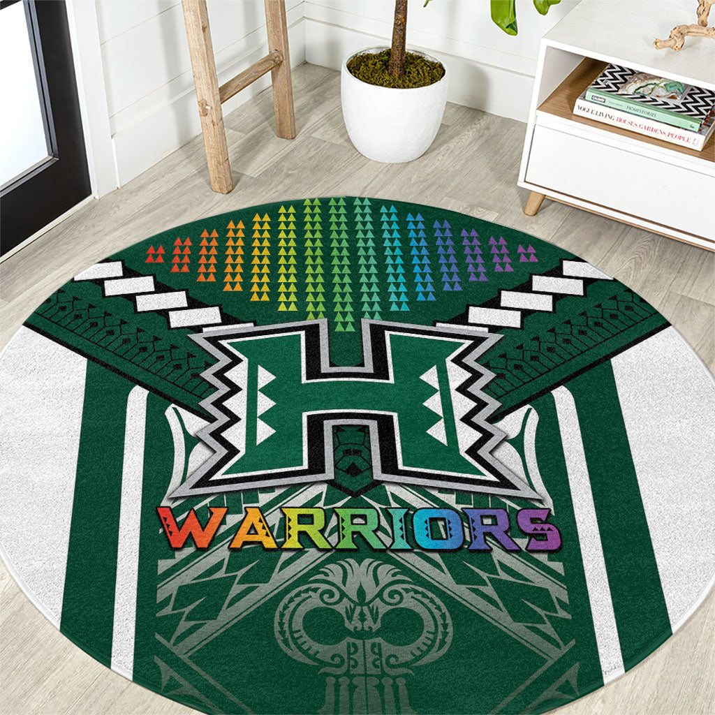 Hawaii Warriors Football Round Carpet Rainbow Kakau Pattern Green