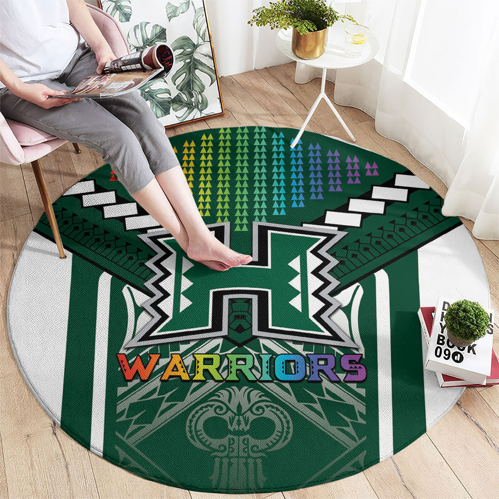 Hawaii Warriors Football Round Carpet Rainbow Kakau Pattern Green