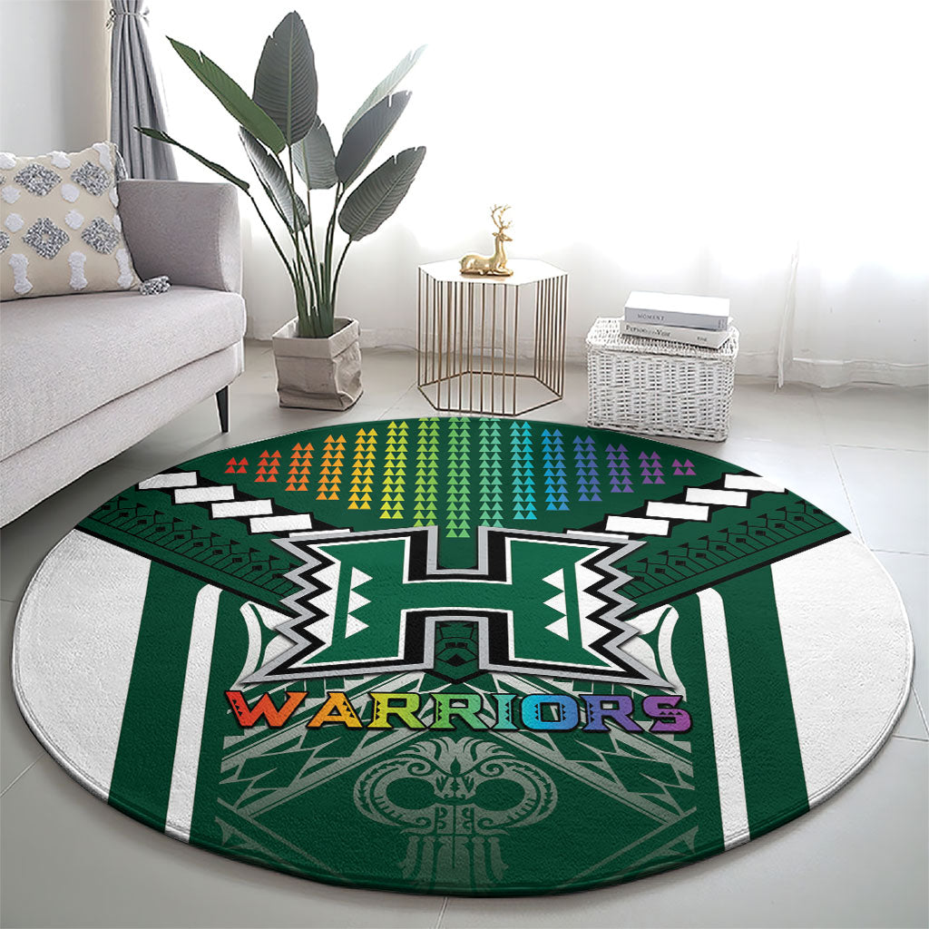 Hawaii Warriors Football Round Carpet Rainbow Kakau Pattern Green