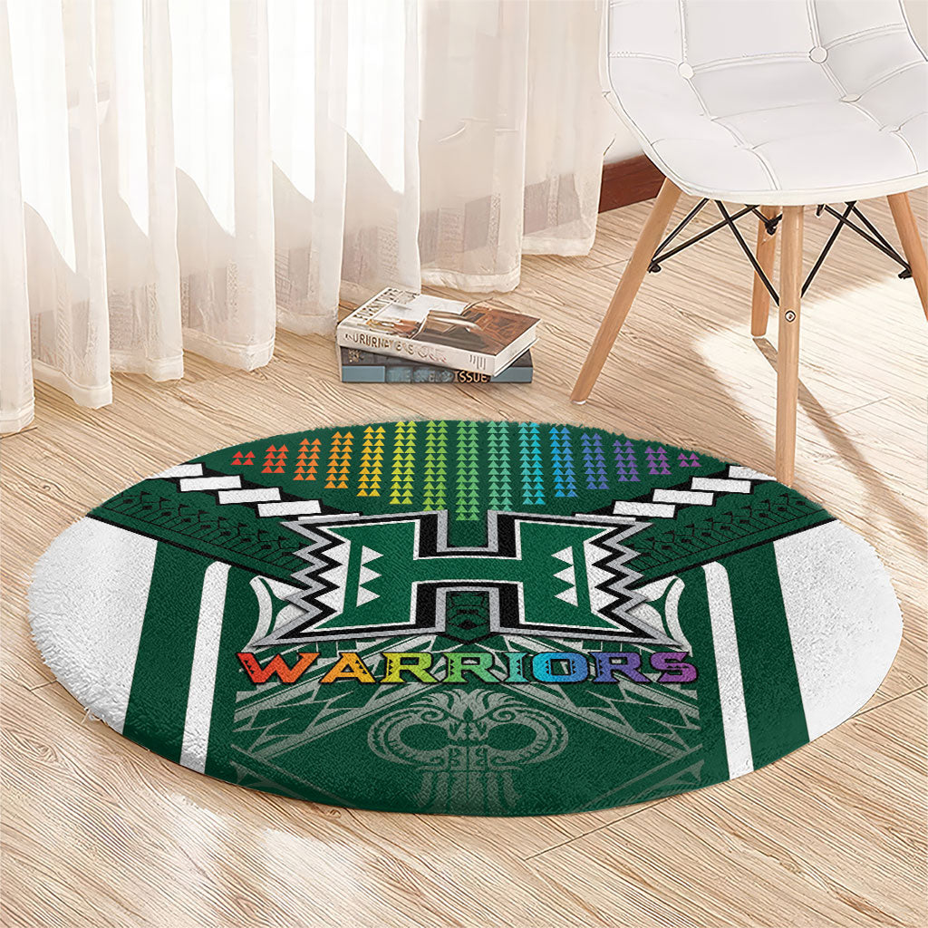 Hawaii Warriors Football Round Carpet Rainbow Kakau Pattern Green