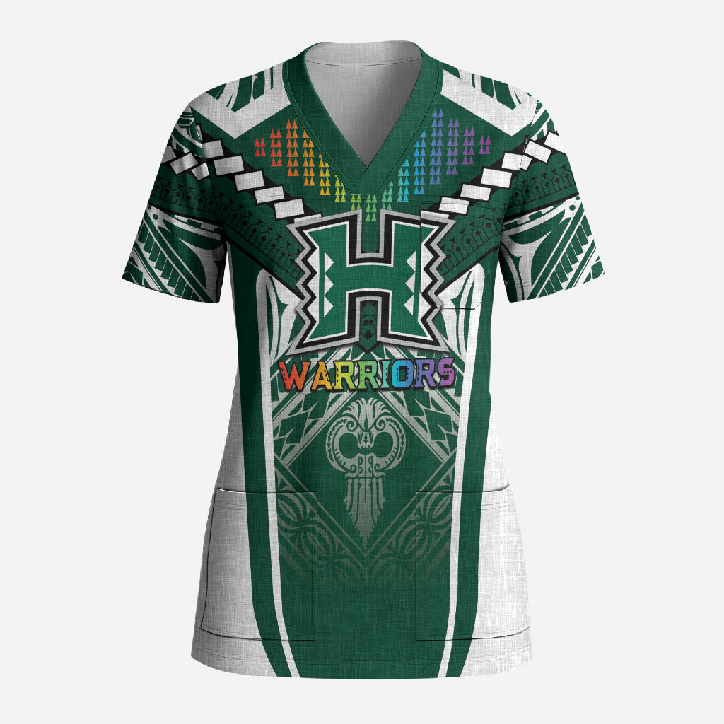 Custom Hawaii Warriors Football Scrub Top Rainbow Kakau Pattern Green