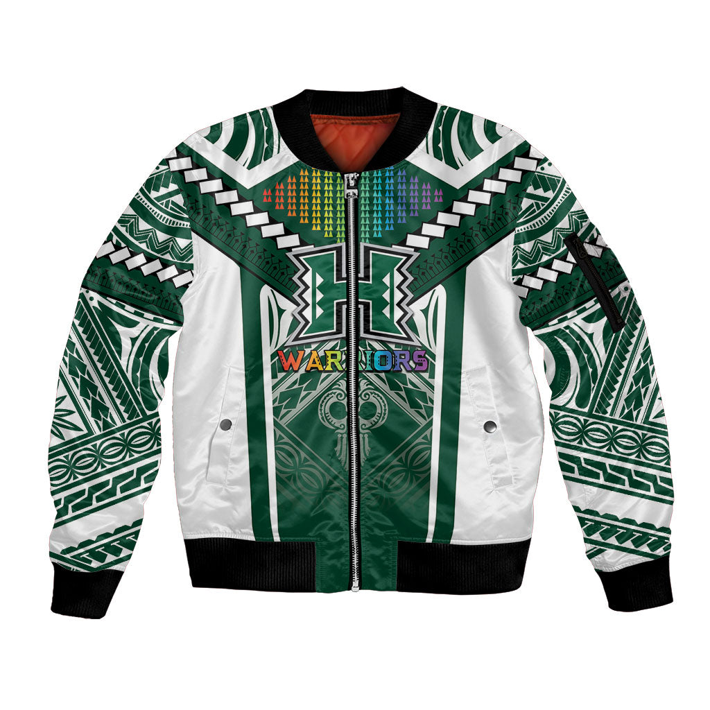 Custom Hawaii Warriors Football Sleeve Zip Bomber Jacket Rainbow Kakau Pattern Green