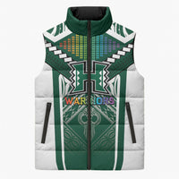 Custom Hawaii Warriors Football Sleeveless Puffer Jacket Rainbow Kakau Pattern Green