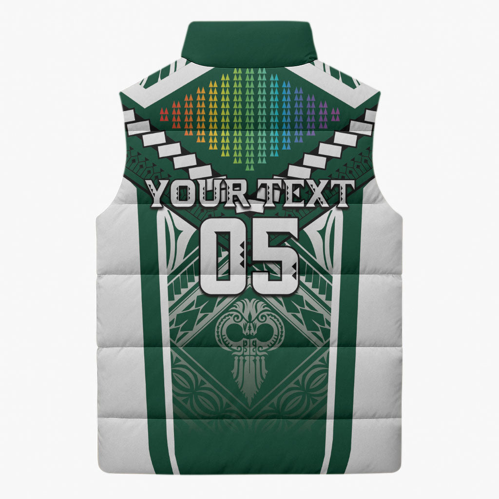 Custom Hawaii Warriors Football Sleeveless Puffer Jacket Rainbow Kakau Pattern Green