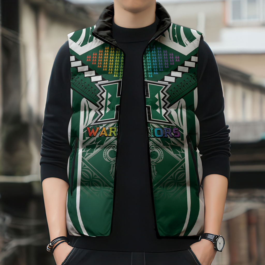 Custom Hawaii Warriors Football Sleeveless Puffer Jacket Rainbow Kakau Pattern Green