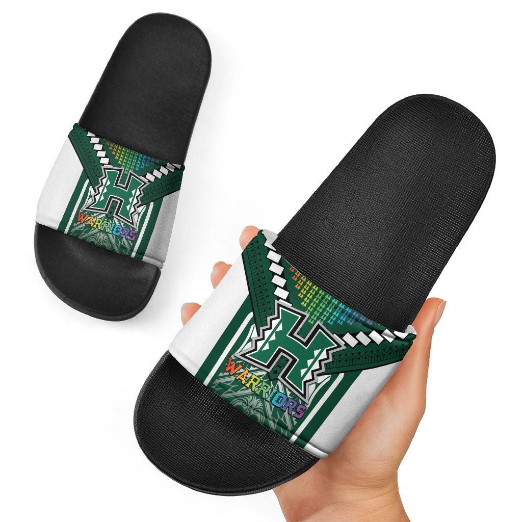 Hawaii Warriors Football Slide Sandals Rainbow Kakau Pattern Green