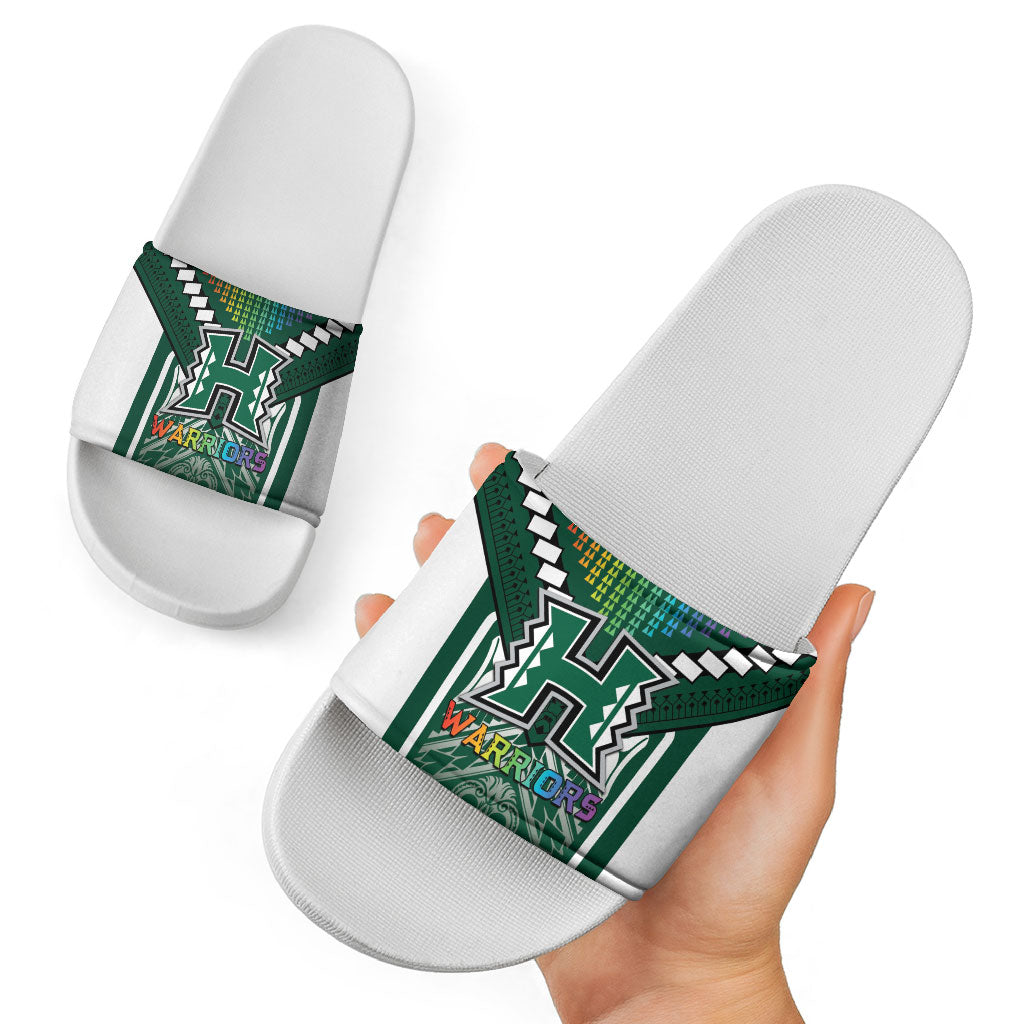 Hawaii Warriors Football Slide Sandals Rainbow Kakau Pattern Green