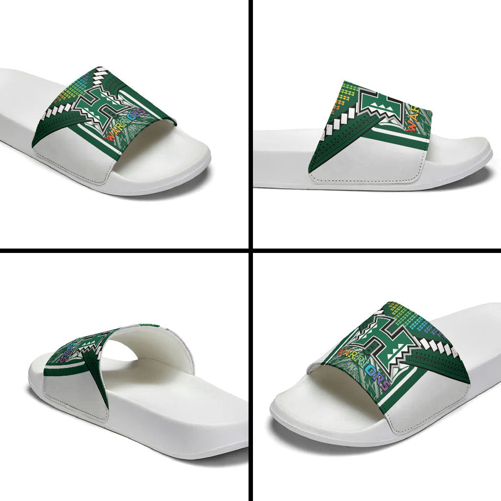 Hawaii Warriors Football Slide Sandals Rainbow Kakau Pattern Green
