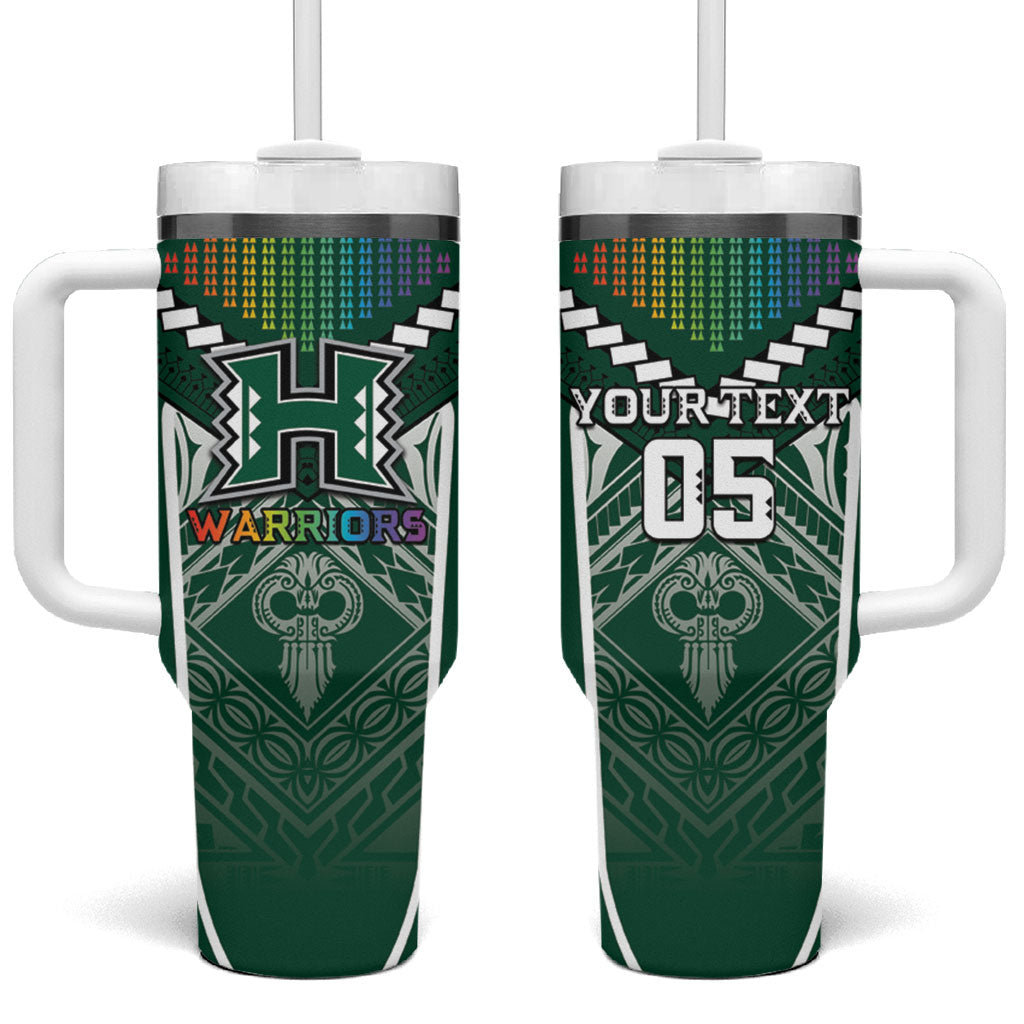 Custom Hawaii Warriors Football Tumbler With Handle Rainbow Kakau Pattern Green LT05 One Size: 40 oz Green - Polynesian Pride