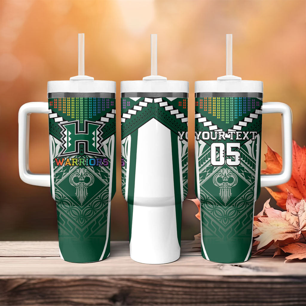 Custom Hawaii Warriors Football Tumbler With Handle Rainbow Kakau Pattern Green