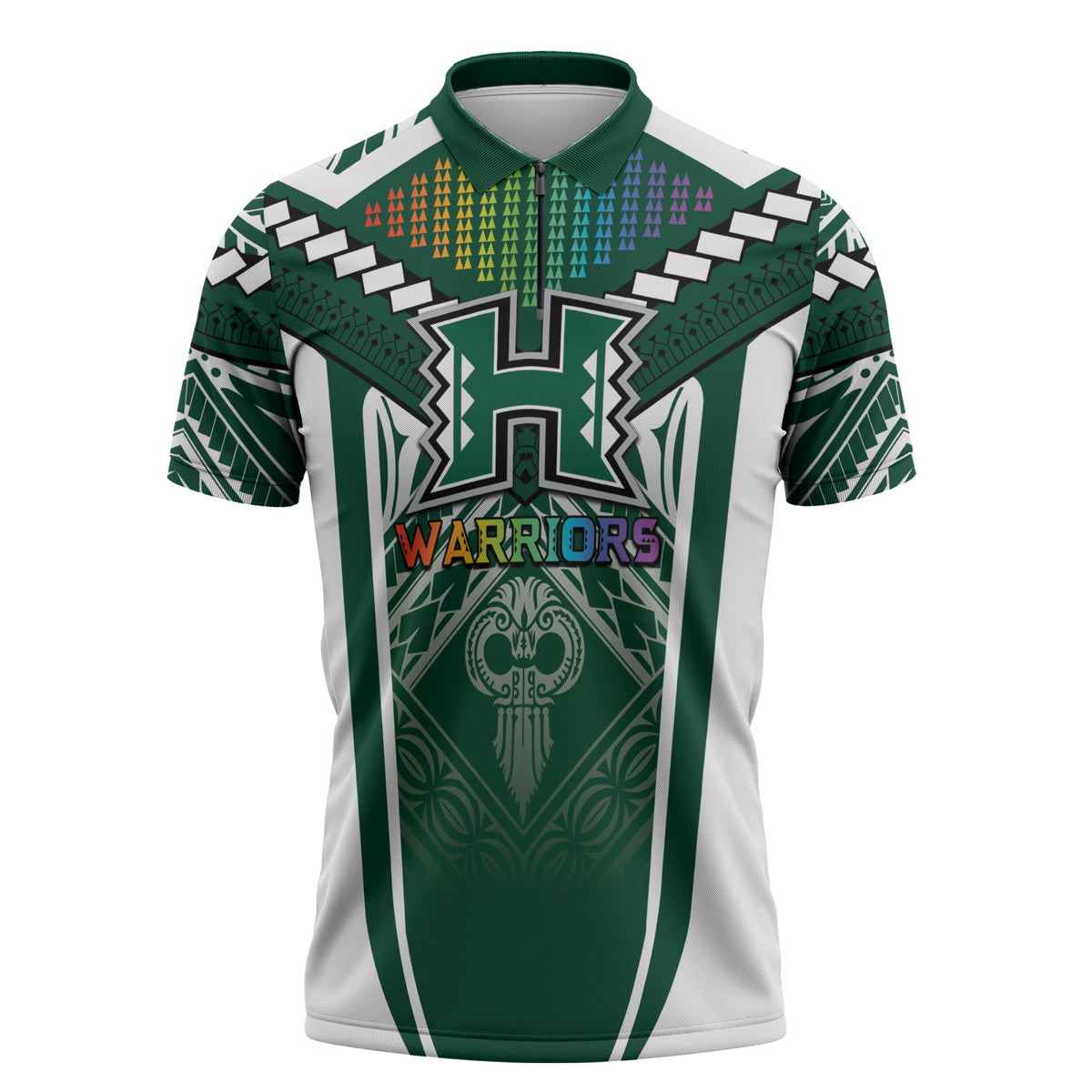 Custom Hawaii Warriors Football Zipper Polo Shirt Rainbow Kakau Pattern Green LT05 Green - Polynesian Pride