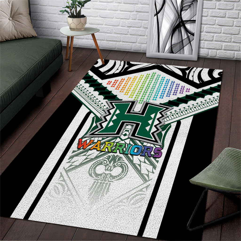 Hawaii Warriors Football Area Rug Rainbow Kakau Pattern White