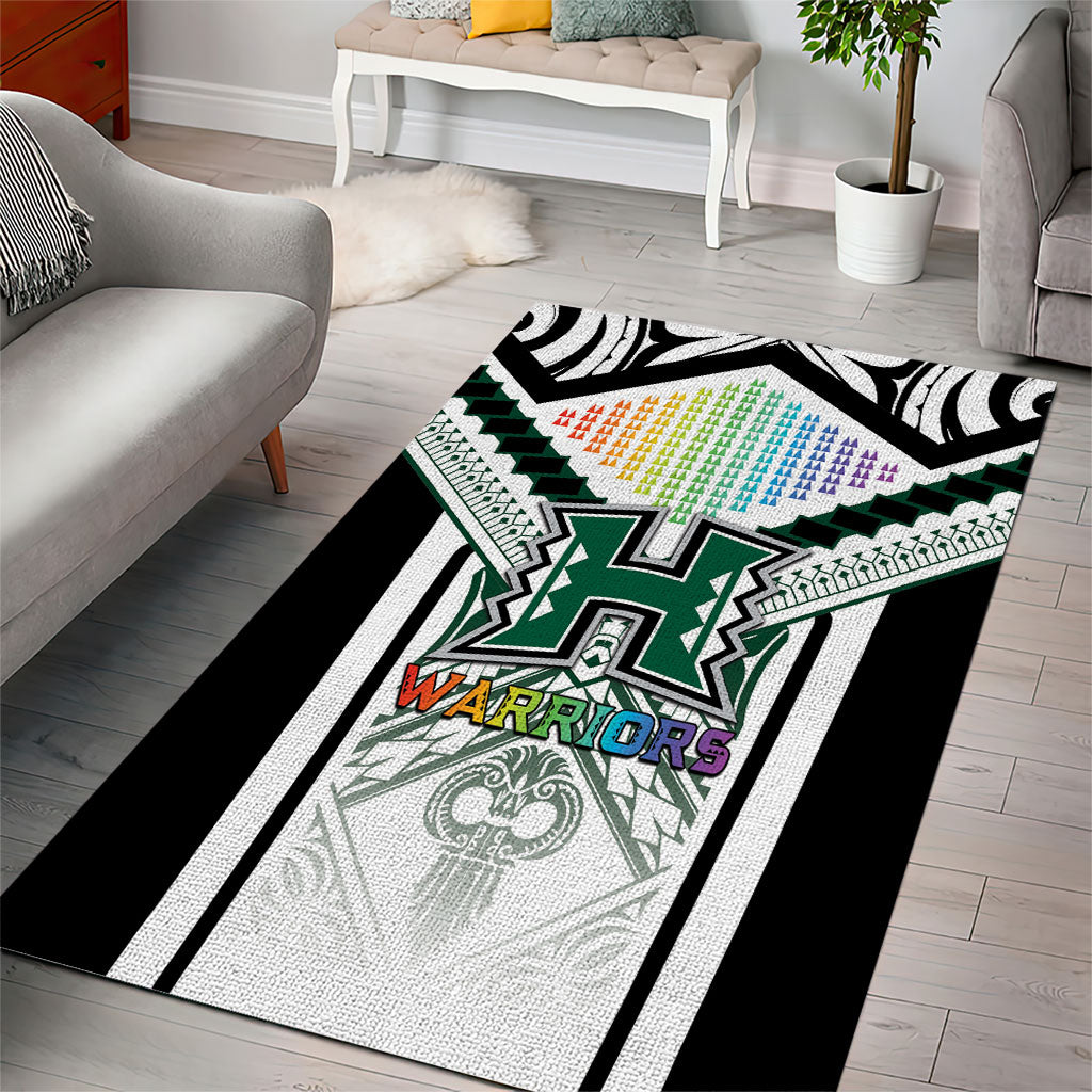 Hawaii Warriors Football Area Rug Rainbow Kakau Pattern White