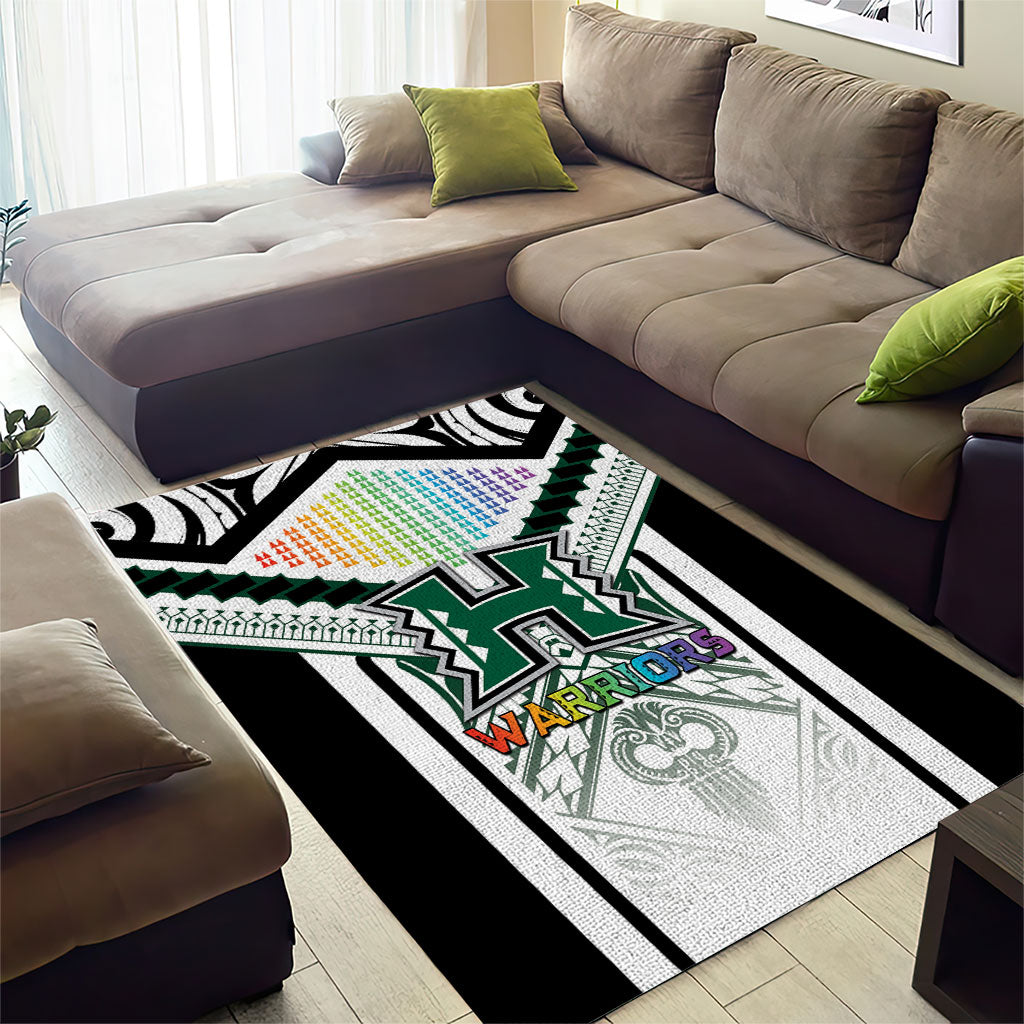 Hawaii Warriors Football Area Rug Rainbow Kakau Pattern White
