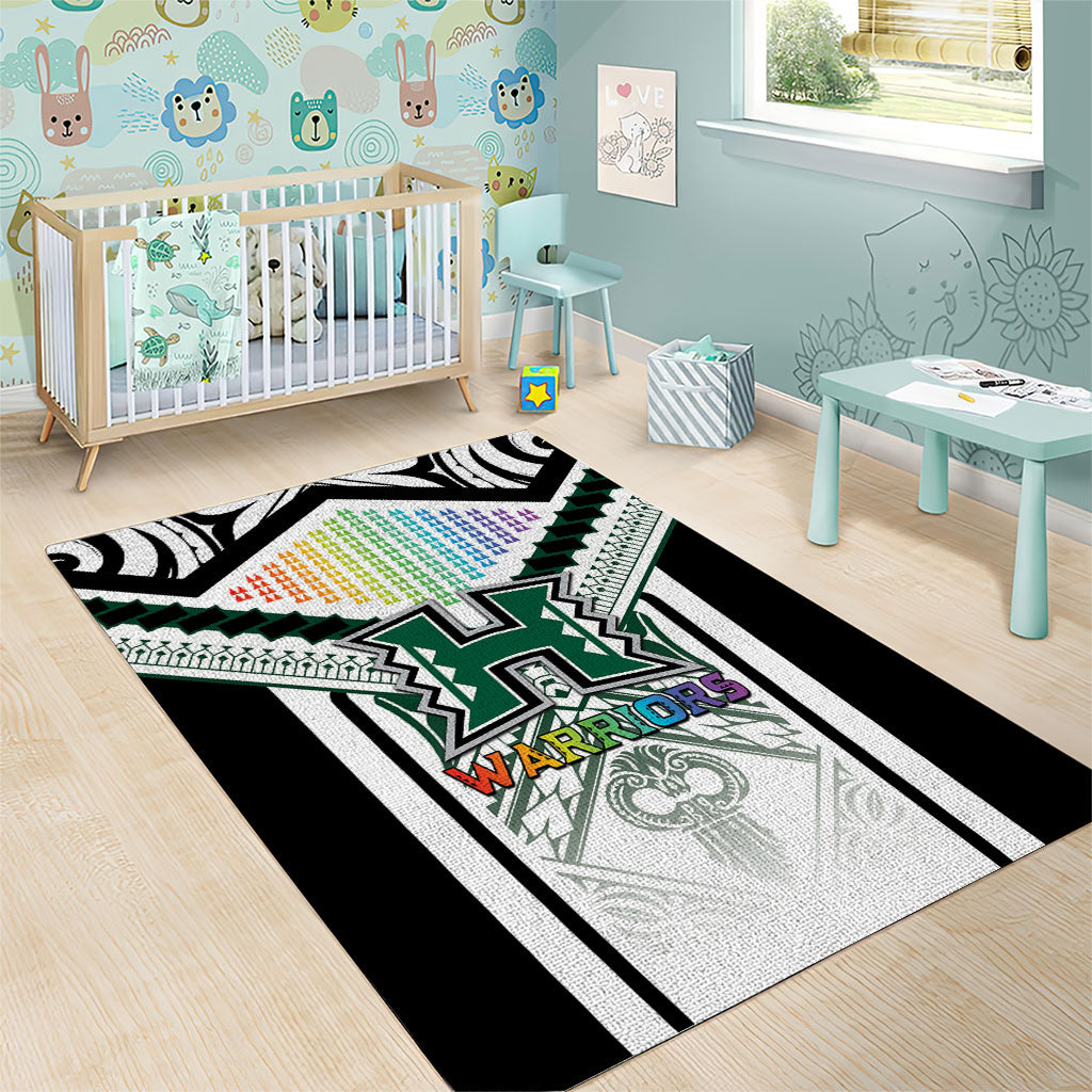 Hawaii Warriors Football Area Rug Rainbow Kakau Pattern White