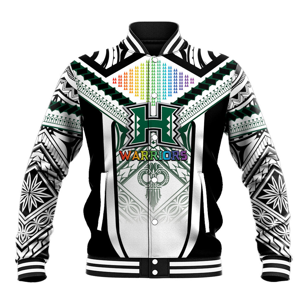 Custom Hawaii Warriors Football Baseball Jacket Rainbow Kakau Pattern White LT05 Unisex White - Polynesian Pride