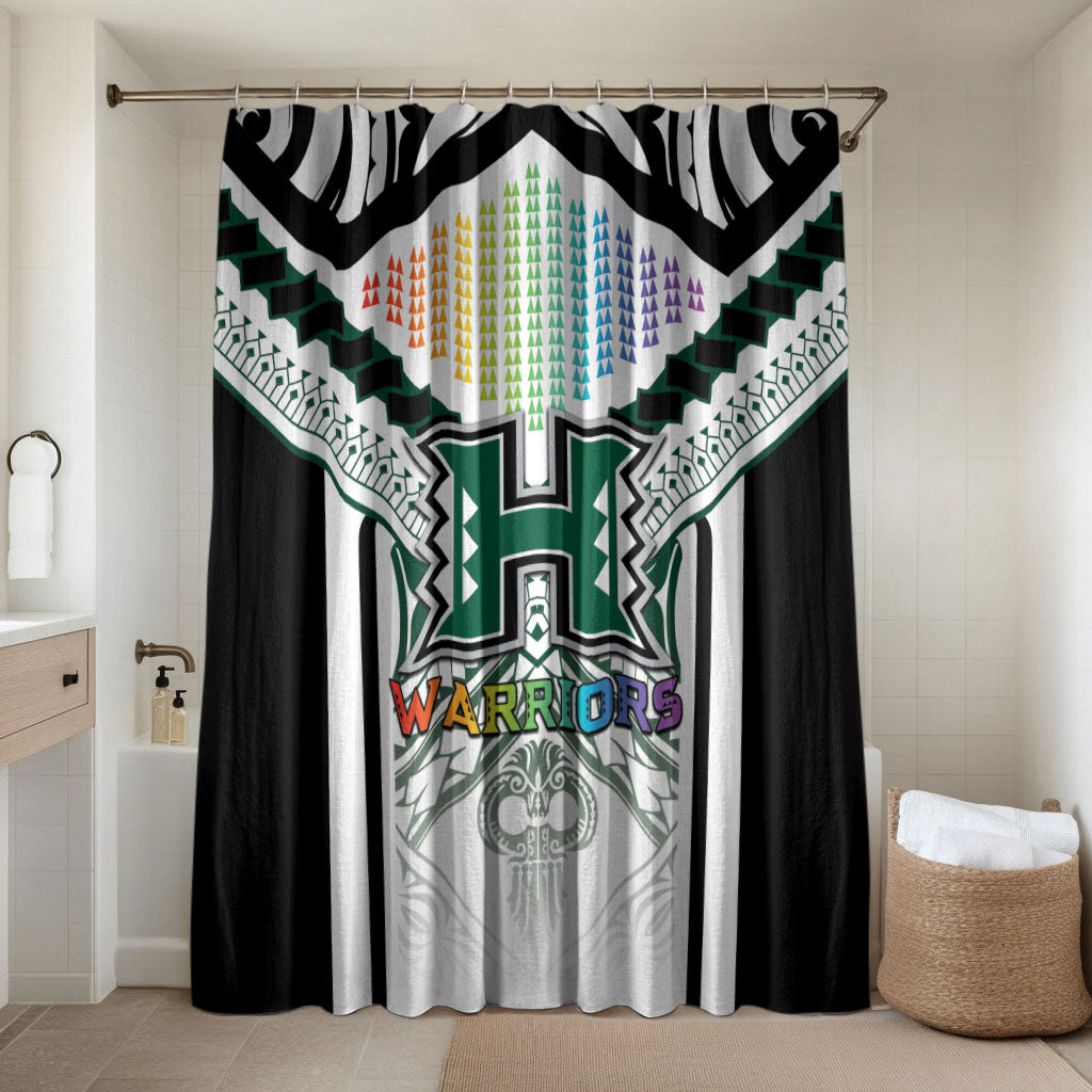 Hawaii Warriors Football Bathroom Set Rainbow Kakau Pattern White LT05 Shower Curtain Only White - Polynesian Pride
