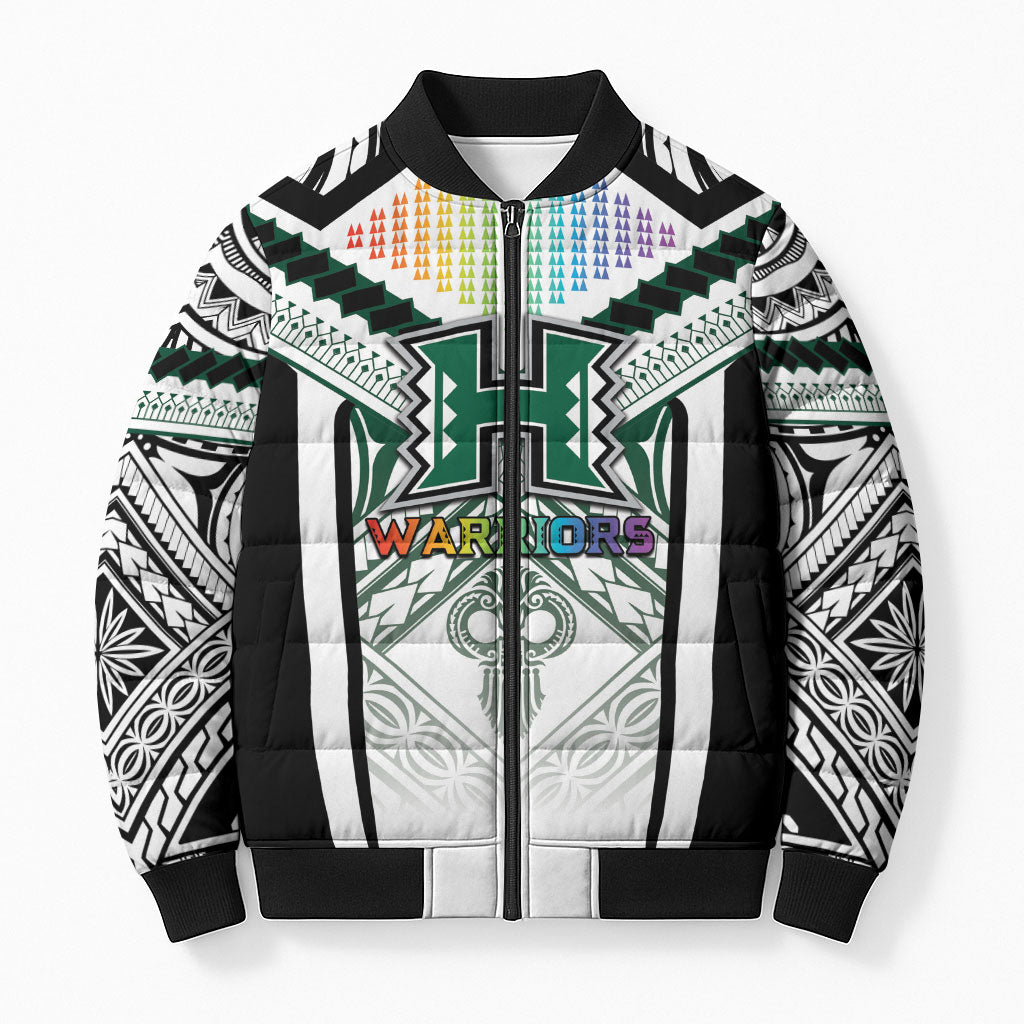 Custom Hawaii Warriors Football Bomber Puffer Jacket Rainbow Kakau Pattern White