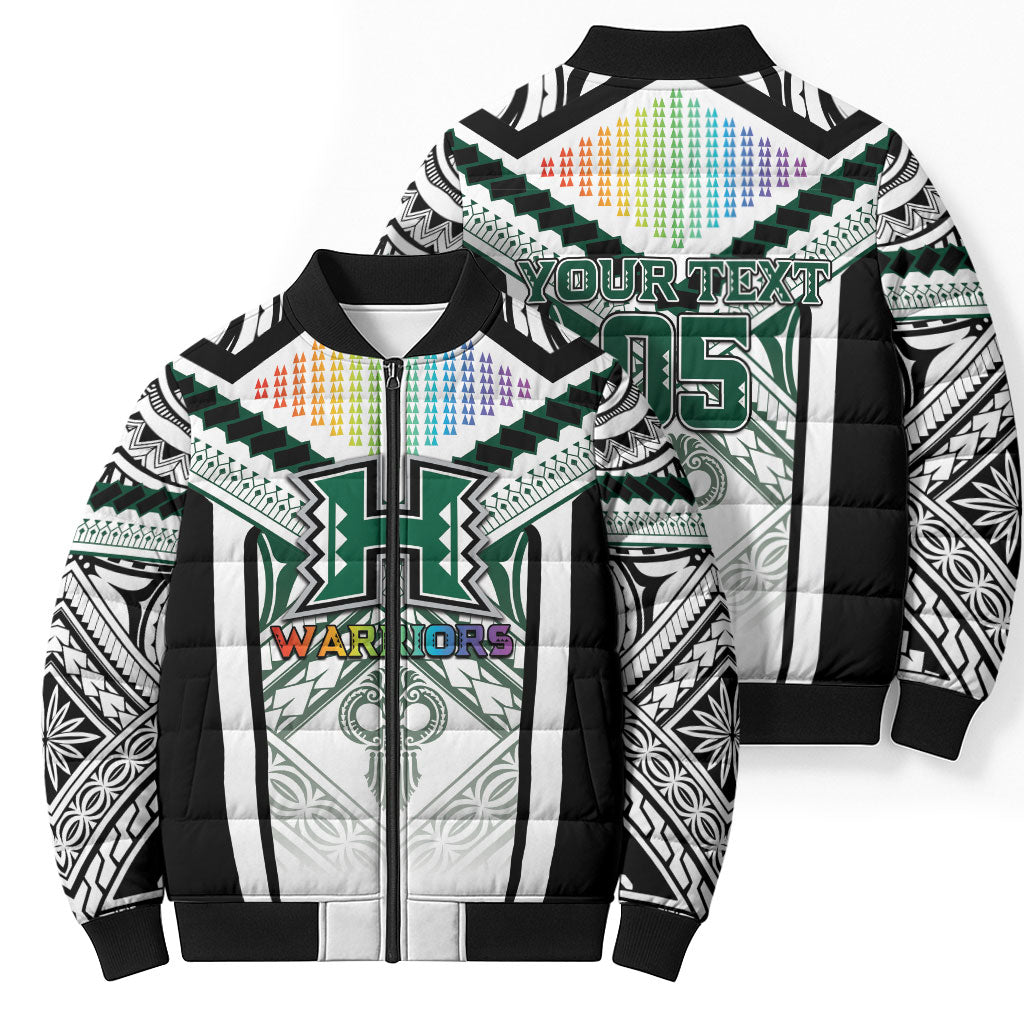 Custom Hawaii Warriors Football Bomber Puffer Jacket Rainbow Kakau Pattern White