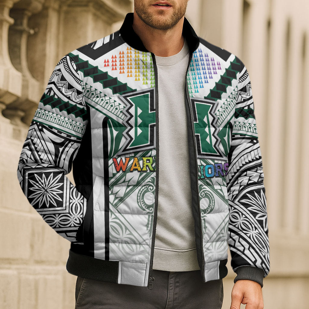 Custom Hawaii Warriors Football Bomber Puffer Jacket Rainbow Kakau Pattern White
