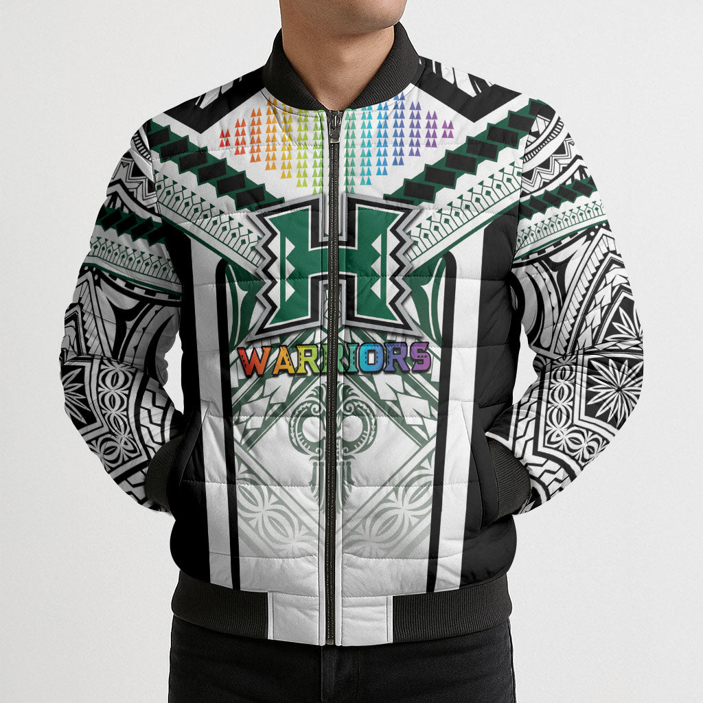 Custom Hawaii Warriors Football Bomber Puffer Jacket Rainbow Kakau Pattern White