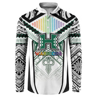 Custom Hawaii Warriors Football Button Sweatshirt Rainbow Kakau Pattern White LT05 White - Polynesian Pride