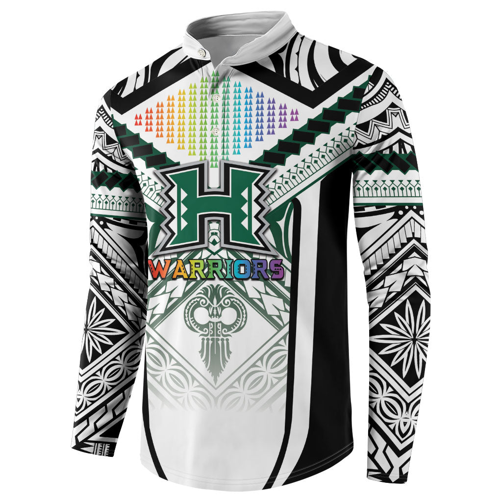 Custom Hawaii Warriors Football Button Sweatshirt Rainbow Kakau Pattern White LT05 - Polynesian Pride