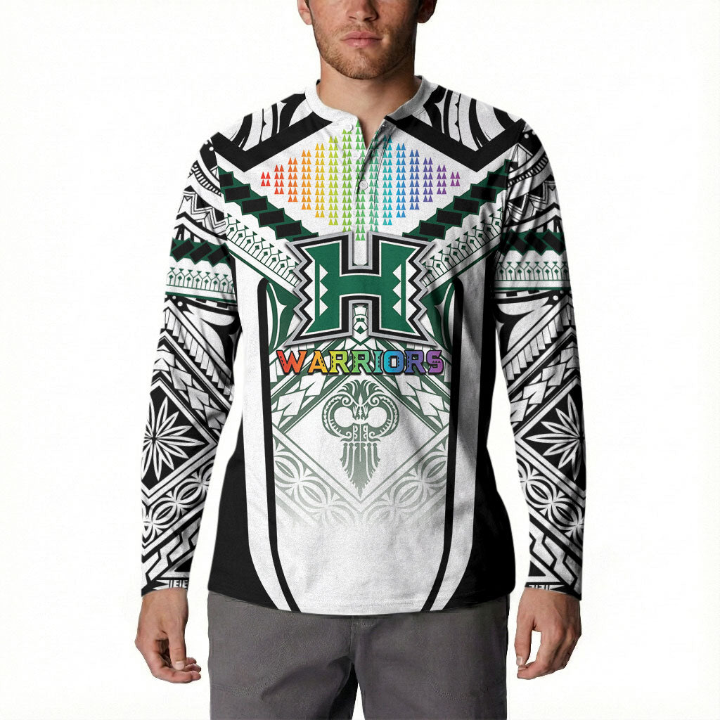 Custom Hawaii Warriors Football Button Sweatshirt Rainbow Kakau Pattern White LT05 - Polynesian Pride