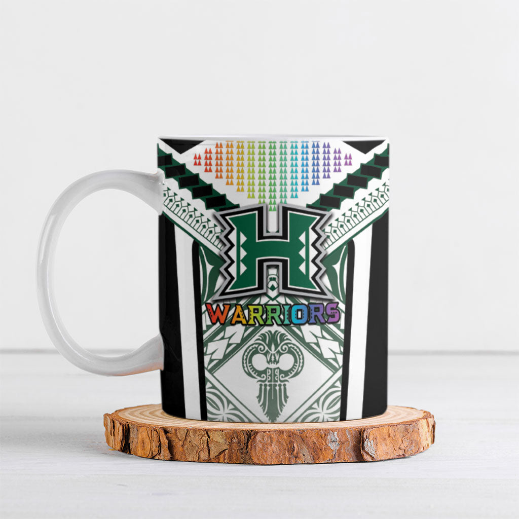 Custom Hawaii Warriors Football Ceramic Mug Rainbow Kakau Pattern White LT05 White - Polynesian Pride