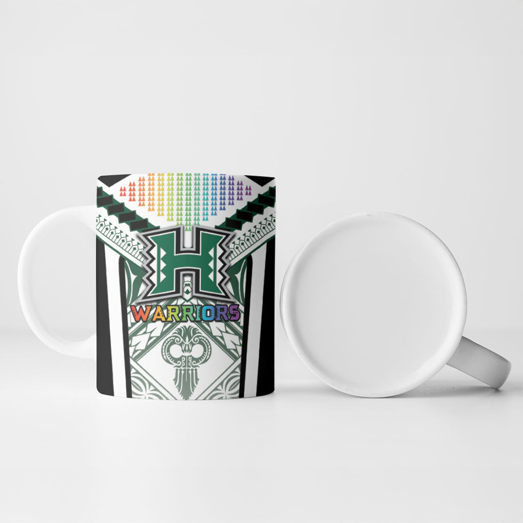 Custom Hawaii Warriors Football Ceramic Mug Rainbow Kakau Pattern White LT05 - Polynesian Pride
