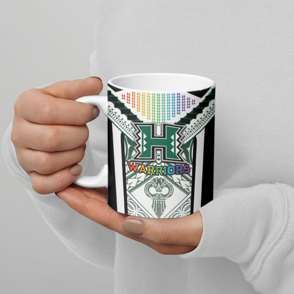 Custom Hawaii Warriors Football Ceramic Mug Rainbow Kakau Pattern White LT05 - Polynesian Pride