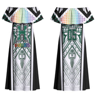 Custom Hawaii Warriors Football Couples Matching Off Shoulder Maxi Dress and Long Sleeve Button Shirt Rainbow Kakau Pattern White LT05 - Polynesian Pride