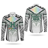 Custom Hawaii Warriors Football Couples Matching Off Shoulder Short Dress and Long Sleeve Button Shirt Rainbow Kakau Pattern White LT05 - Polynesian Pride