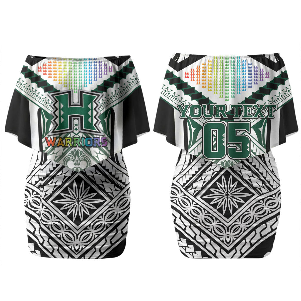 Custom Hawaii Warriors Football Couples Matching Off Shoulder Short Dress and Long Sleeve Button Shirt Rainbow Kakau Pattern White LT05 - Polynesian Pride