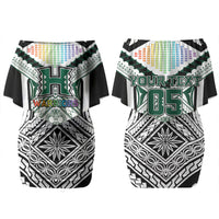 Custom Hawaii Warriors Football Couples Matching Off Shoulder Short Dress and Long Sleeve Button Shirt Rainbow Kakau Pattern White LT05 - Polynesian Pride