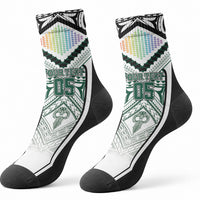 Custom Hawaii Warriors Football Crew Socks Rainbow Kakau Pattern White LT05 - Polynesian Pride