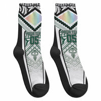 Custom Hawaii Warriors Football Crew Socks Rainbow Kakau Pattern White LT05 - Polynesian Pride