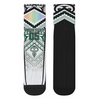 Custom Hawaii Warriors Football Crew Socks Rainbow Kakau Pattern White LT05 - Polynesian Pride