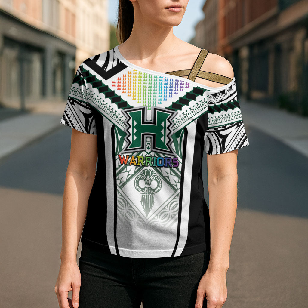 Custom Hawaii Warriors Football Cross Shoulder Shirt Rainbow Kakau Pattern White