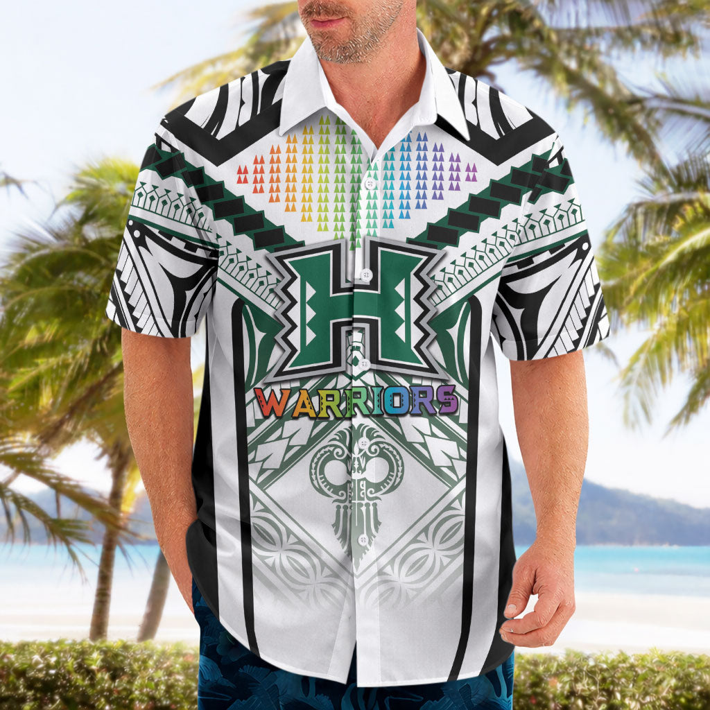 Custom Hawaii Warriors Football Hawaiian Shirt Rainbow Kakau Pattern White
