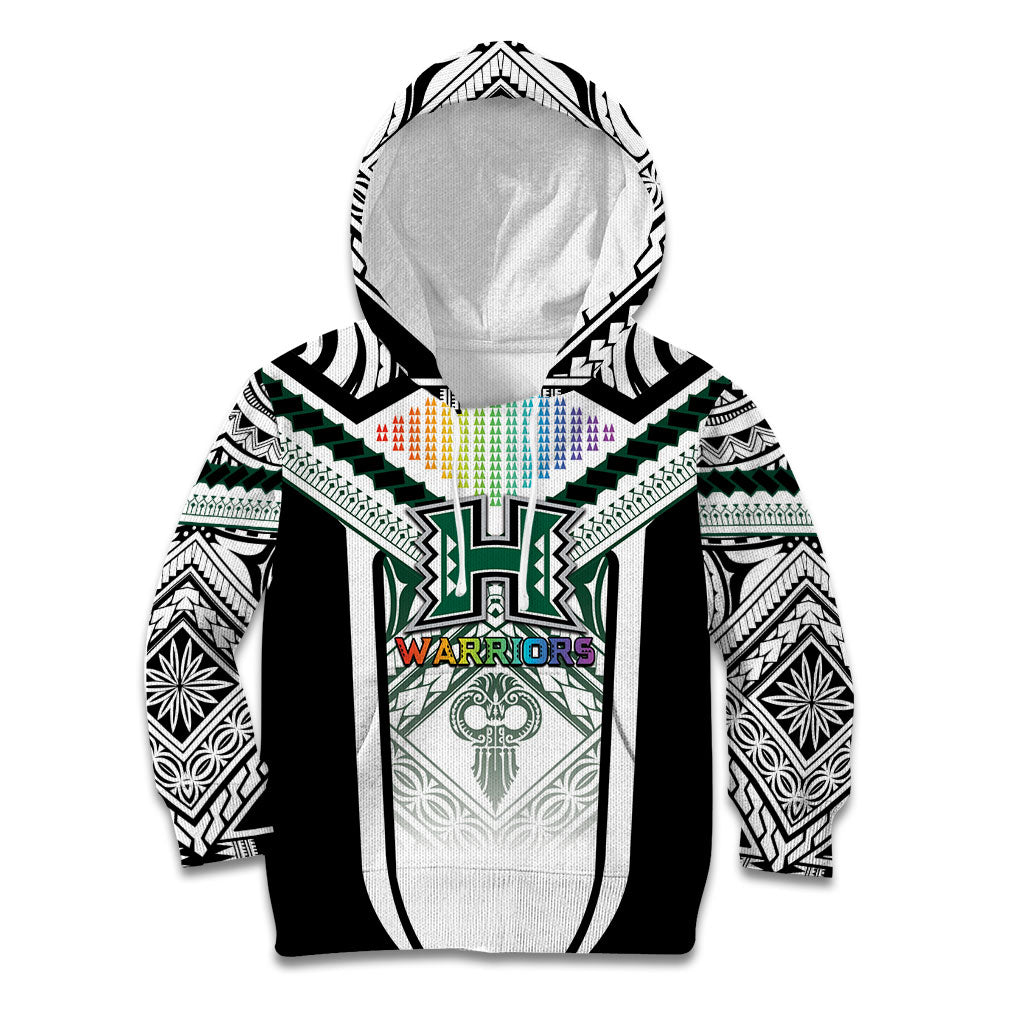 Custom Hawaii Warriors Football Kid Hoodie Rainbow Kakau Pattern White