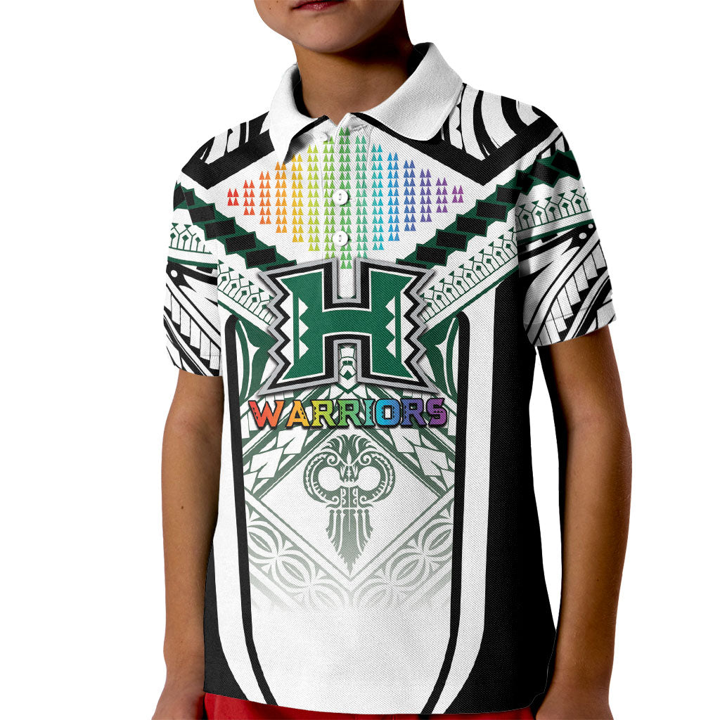 Custom Hawaii Warriors Football Kid Polo Shirt Rainbow Kakau Pattern White
