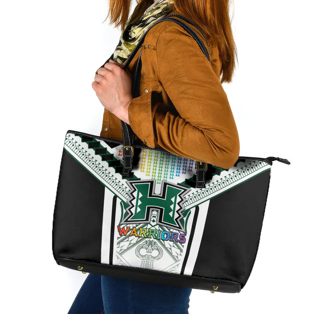 Hawaii Warriors Football Leather Tote Bag Rainbow Kakau Pattern White