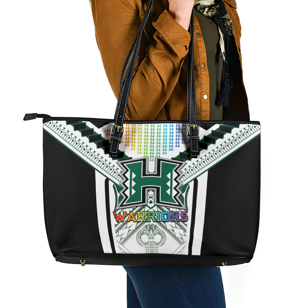 Hawaii Warriors Football Leather Tote Bag Rainbow Kakau Pattern White