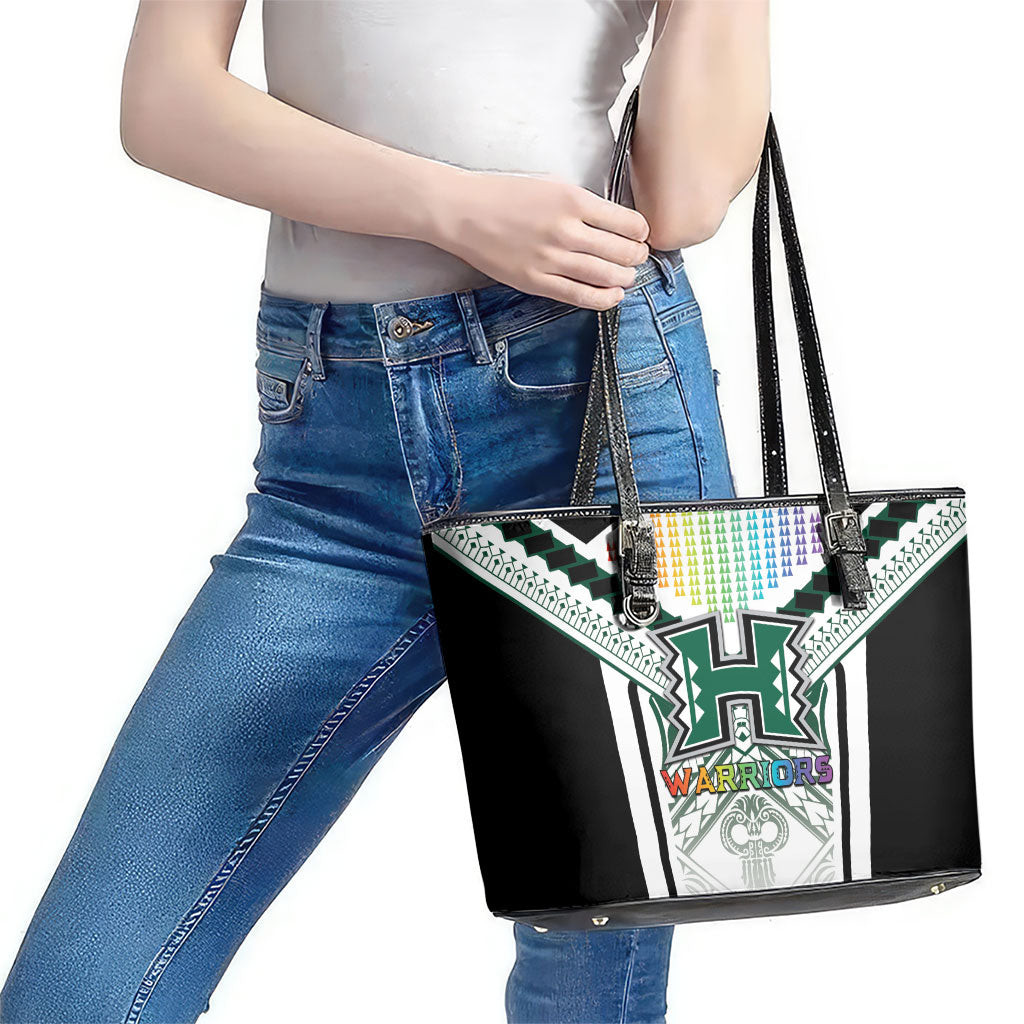 Hawaii Warriors Football Leather Tote Bag Rainbow Kakau Pattern White