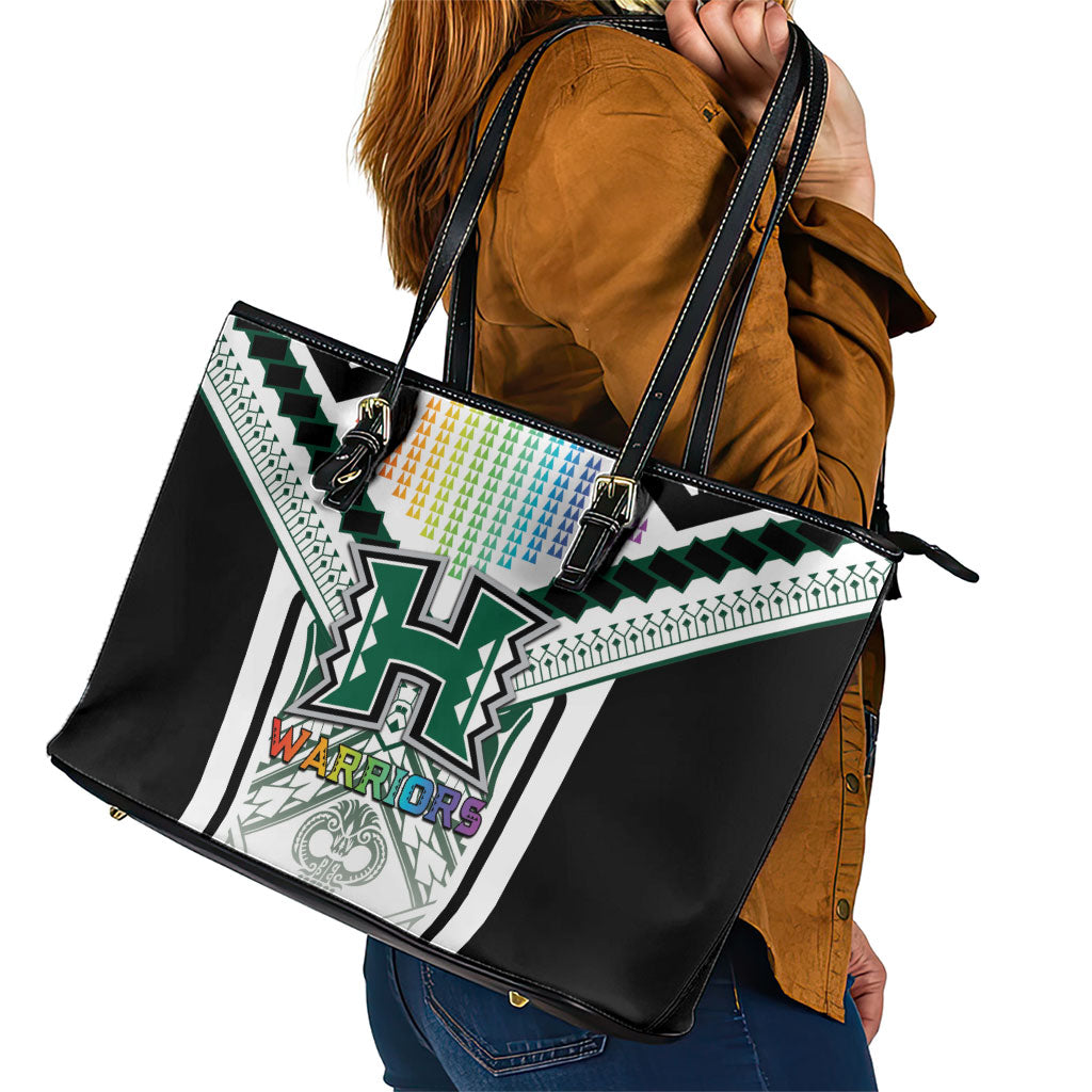 Hawaii Warriors Football Leather Tote Bag Rainbow Kakau Pattern White