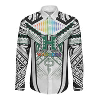 Custom Hawaii Warriors Football Long Sleeve Button Shirt Rainbow Kakau Pattern White
