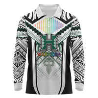 Custom Hawaii Warriors Football Long Sleeve Polo Shirt Rainbow Kakau Pattern White LT05 White - Polynesian Pride