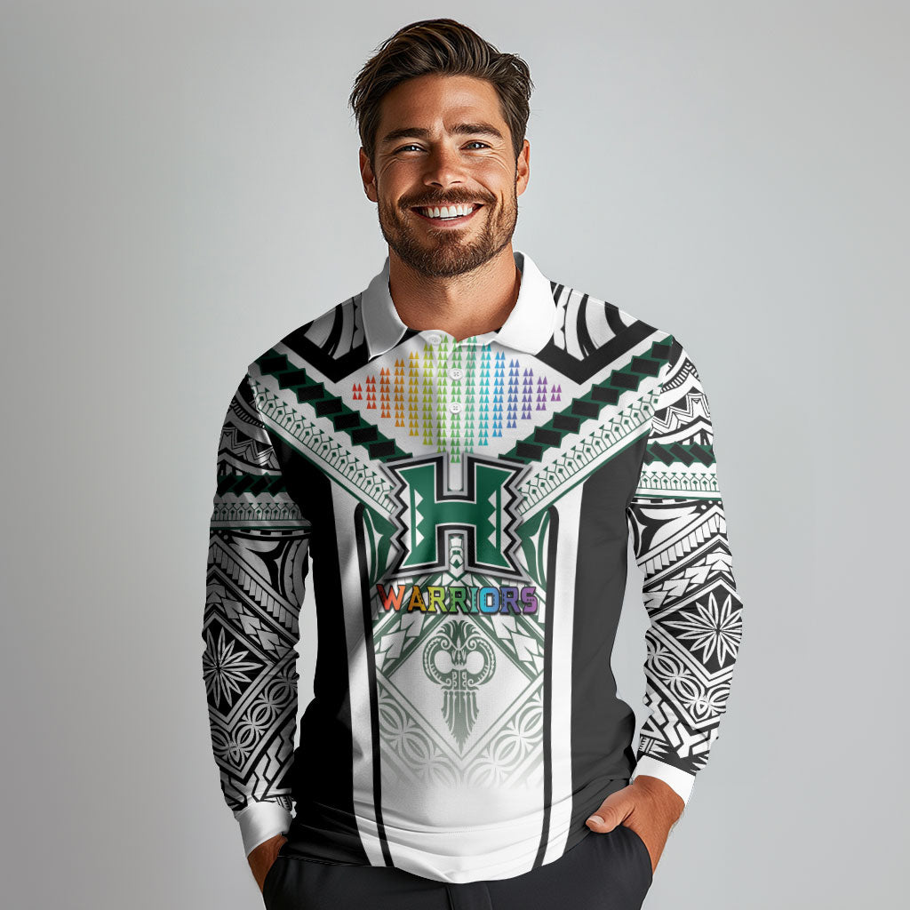Custom Hawaii Warriors Football Long Sleeve Polo Shirt Rainbow Kakau Pattern White LT05 - Polynesian Pride