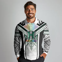 Custom Hawaii Warriors Football Long Sleeve Polo Shirt Rainbow Kakau Pattern White LT05 - Polynesian Pride